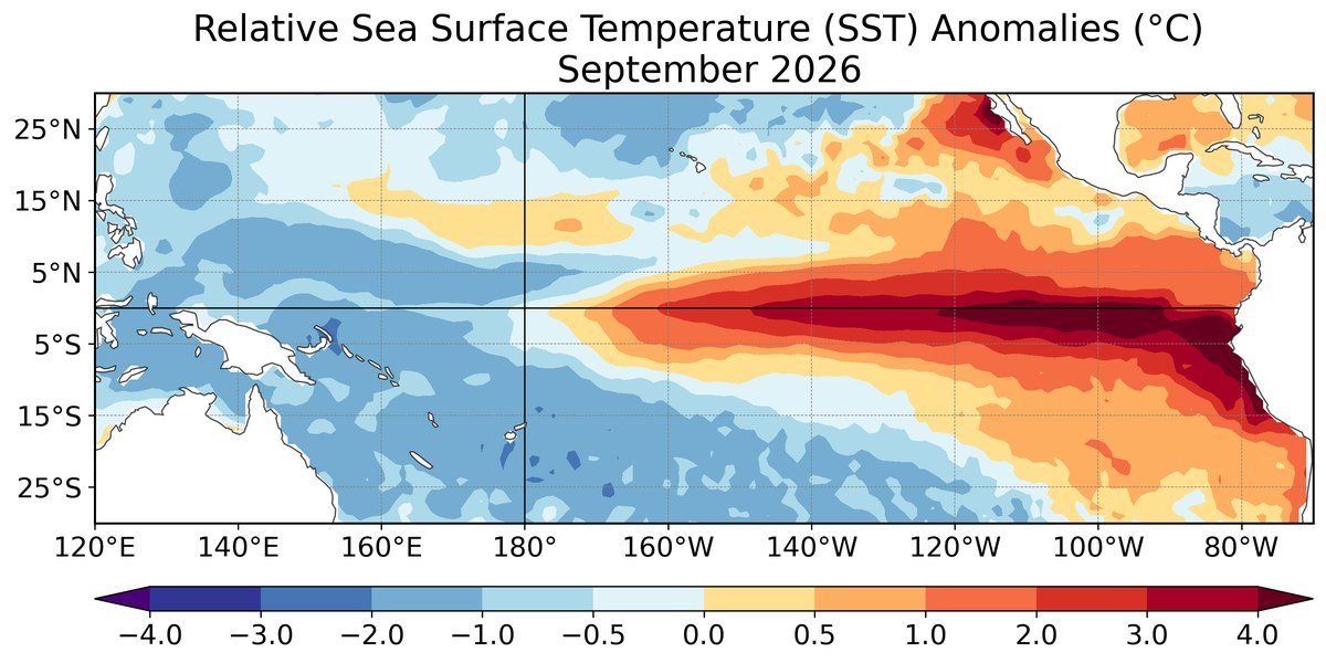 El Nino Record: सितंबर 2026 में प्रशांत महासागर में समुद्री सतह के तापमान की विसंगति दिखाता NOAA का नक्शा