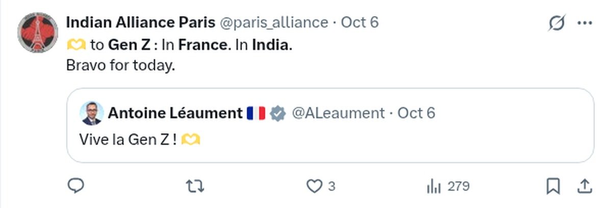 Indian Alliance Paris की X पोस्ट का स्क्रीनशॉट: Gen Z को फ्रांस और भारत में बधाई