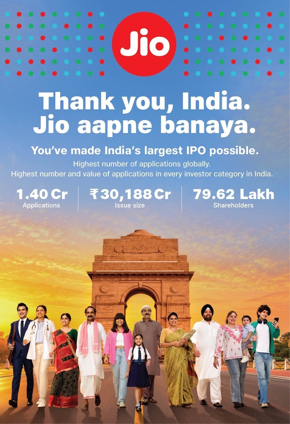 जियो का Thank you India पोस्टर जिसमें 1.40 करोड़ आवेदन, 30,188 करोड़ रुपये इश्यू साइज और 79.62 लाख शेयरधारक लिखे हैं