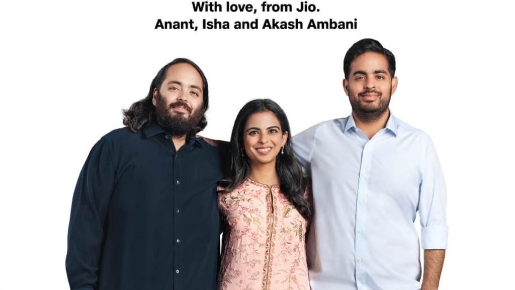 जियो प्लेटफॉर्म्स की लिस्टिंग पर अनंत अंबानी, ईशा अंबानी और आकाश अंबानी की आधिकारिक तस्वीर