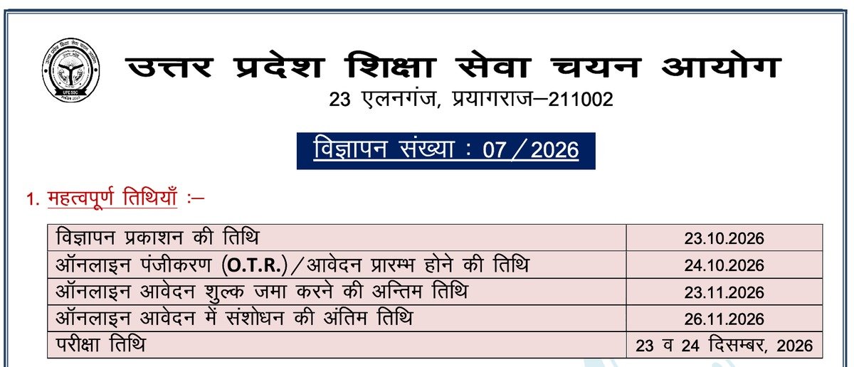 UPESSC के विज्ञापन संख्या 07/2026 में UP TGT भर्ती की महत्वपूर्ण तिथियां